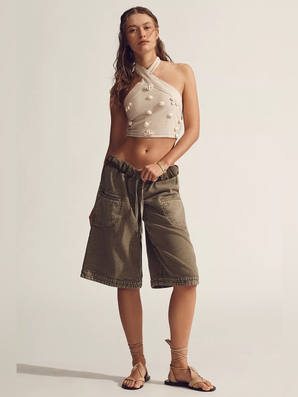 Anthropologie Pilcro Pull on Gaucho Pants Size Small Green Wide Leg Y2K Slouchy